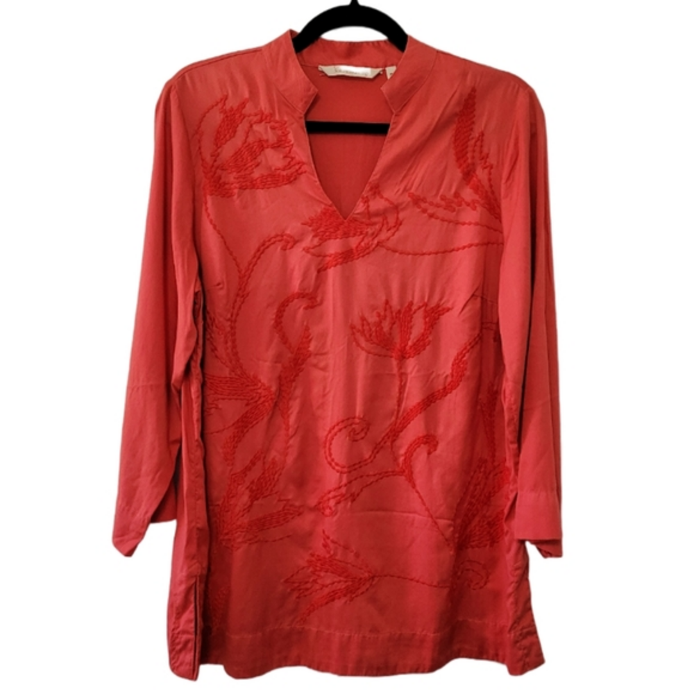 Soft Surroundings Embroidered Floral Tunic Top 3/4 sleeves, Size PM red orange